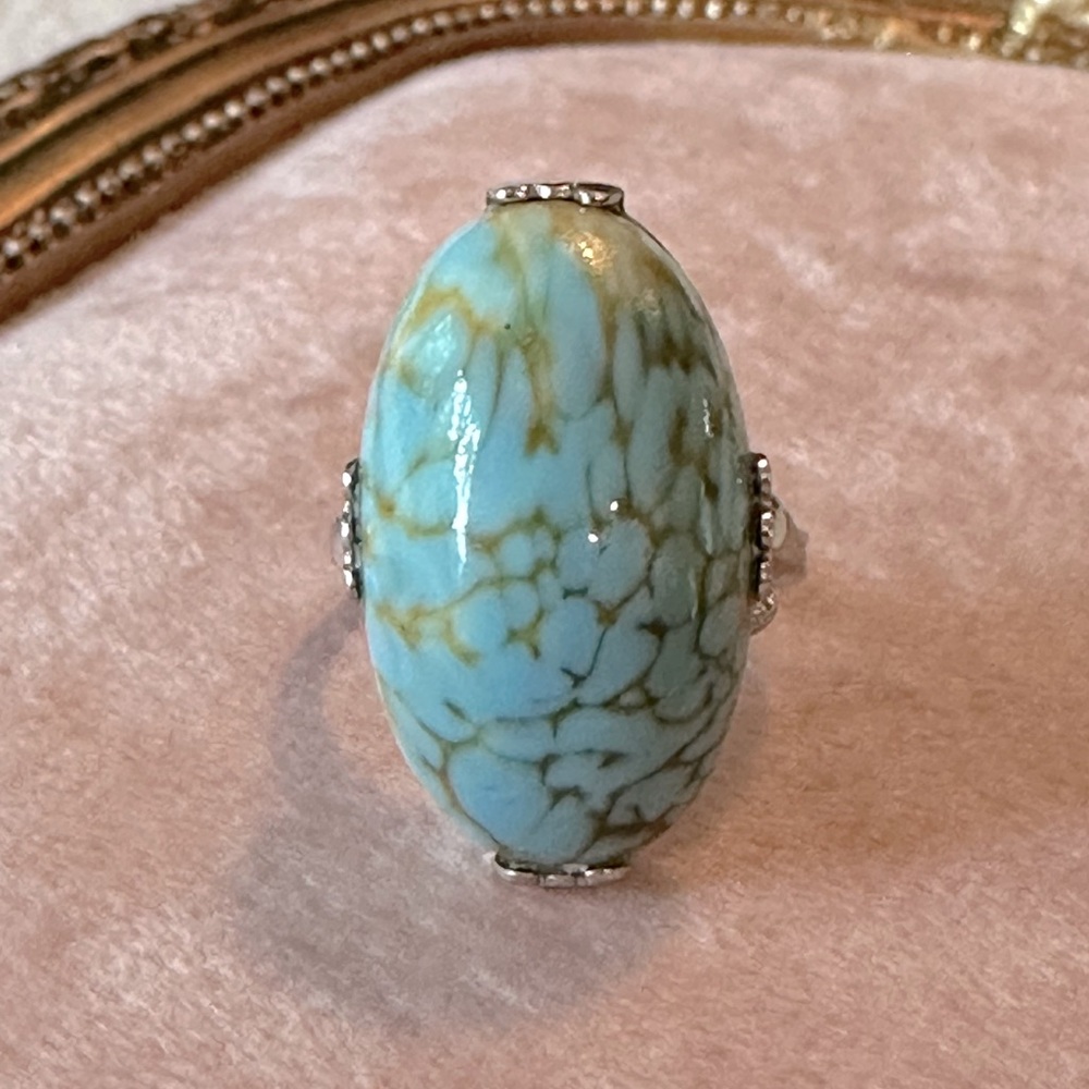 Vintage Faux Turquoise Mid Century Modern Statement Ring SZ 5 3/4 Elongated Oval - Picture 8 of 17